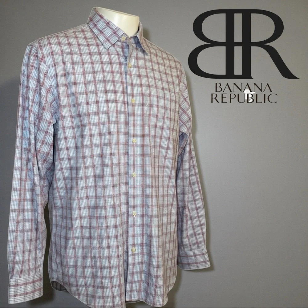 Banana Republic Men’s Non-Iron Classic Fit Plaid Shirt L 16–16.5 Red White Blue